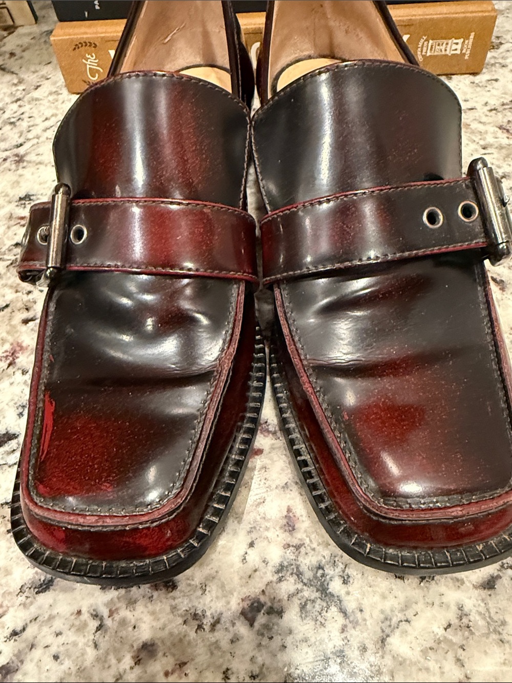 M.Gemi Oxblood Italian Leather Block Heeled Side Buckle Loafers 37 US 7 🇮🇹